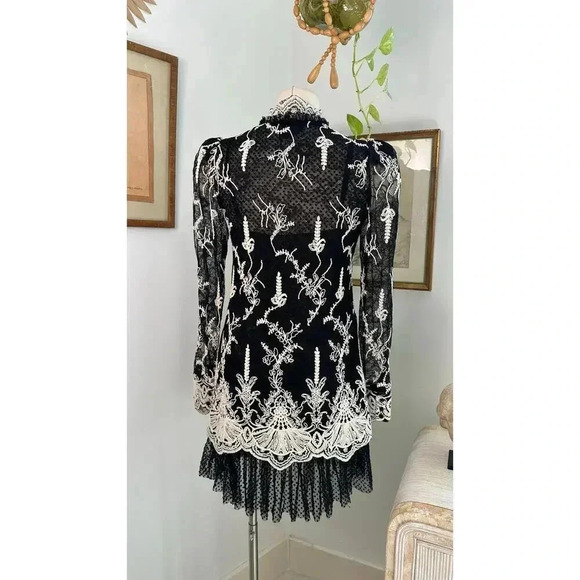 NWT Alexis Black Lace Dress White Floral Embroidery Elegant Designer Tunic Style - Picture 8 of 9